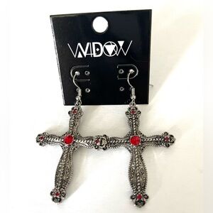 New Widow Cross Rhinestone Antique Silver Tone Drop Earrings Goth Vampire Grunge